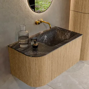 MONDIAZ Kurve-dlux 85cm badmeubel - kleur Oak - 2 lades - CLOUD wastafel - wasbak Links - zonder kraangat - kleur Lava