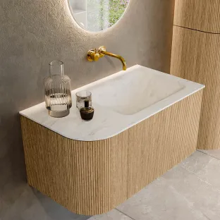 MONDIAZ Kurve-dlux 85cm badmeubel - kleur Oak - 2 lades - CLOUD wastafel - wasbak Links - zonder kraangat - kleur Opalo