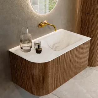 MONDIAZ Kurve-dlux 85cm badmeubel - kleur Walnut - 2 lades - CLOUD wastafel - wasbak Links - zonder kraangat - kleur Frappe