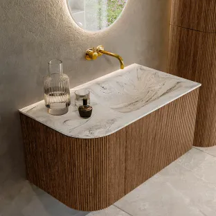 MONDIAZ Kurve-dlux 85cm badmeubel - kleur Walnut - 2 lades - CLOUD wastafel - wasbak Links - zonder kraangat - kleur Glace