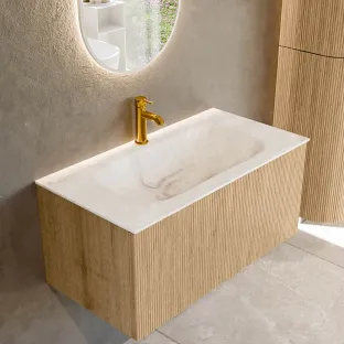 MONDIAZ Kurve-dlux 90cm badmeubel - kleur Oak - 1 lade - BIG SMALL wastafel - wasbak midden - 1 kraangat - kleur Frappe