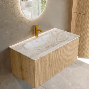 MONDIAZ Kurve-dlux 90cm badmeubel - kleur Oak - 1 lade - BIG SMALL wastafel - wasbak midden - 1 kraangat - kleur Glace