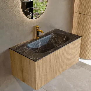 MONDIAZ Kurve-dlux 90cm badmeubel - kleur Oak - 1 lade - BIG SMALL wastafel - wasbak midden - 1 kraangat - kleur Lava