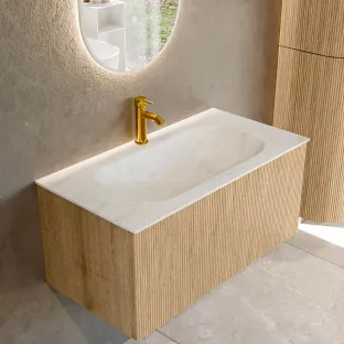 MONDIAZ Kurve-dlux 90cm badmeubel - kleur Oak - 1 lade - BIG SMALL wastafel - wasbak midden - 1 kraangat - kleur Opalo