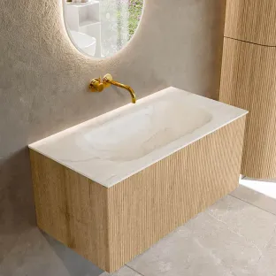 MONDIAZ Kurve-dlux 90cm badmeubel - kleur Oak - 1 lade - BIG SMALL wastafel - wasbak midden - zonder kraangat - kleur Ostra