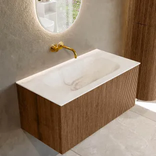 MONDIAZ Kurve-dlux 90cm badmeubel - kleur Walnut - 1 lade - BIG SMALL wastafel - wasbak midden - zonder kraangat - kleur Frappe