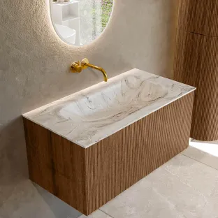 MONDIAZ Kurve-dlux 90cm badmeubel - kleur Walnut - 1 lade - BIG SMALL wastafel - wasbak midden - zonder kraangat - kleur Glace