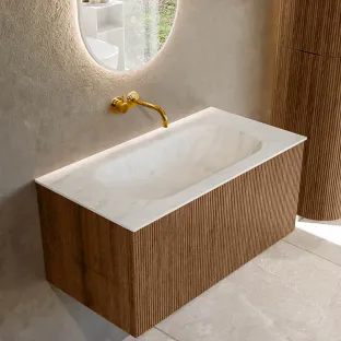 MONDIAZ Kurve-dlux 90cm badmeubel - kleur Walnut - 1 lade - BIG SMALL wastafel - wasbak midden - zonder kraangat - kleur Opalo