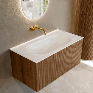 MONDIAZ Kurve-dlux 90cm badmeubel - kleur Walnut - 1 lade - BIG SMALL wastafel - wasbak midden - zonder kraangat - kleur Ostra
