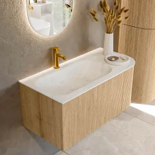 MONDIAZ Kurve-dlux 95cm badmeubel - kleur Oak - 1 lade - BIG SMALL wastafel - wasbak midden - 1 kraangat - kleur Opalo