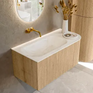 MONDIAZ Kurve-dlux 95cm badmeubel - kleur Oak - 1 lade - BIG SMALL wastafel - wasbak midden - zonder kraangat - kleur Ostra