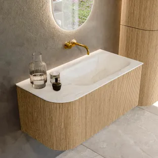 MONDIAZ Kurve-dlux 95cm badmeubel - kleur Oak - 2 lades - BIG SMALL wastafel - wasbak Links - zonder kraangat - kleur Ostra