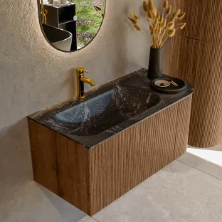 MONDIAZ Kurve-dlux 95cm badmeubel - kleur Walnut - 1 lade - BIG SMALL wastafel - wasbak midden - 1 kraangat - kleur Lava