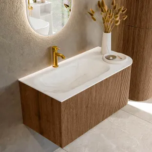 MONDIAZ Kurve-dlux 95cm badmeubel - kleur Walnut - 1 lade - BIG SMALL wastafel - wasbak midden - 1 kraangat - kleur Ostra