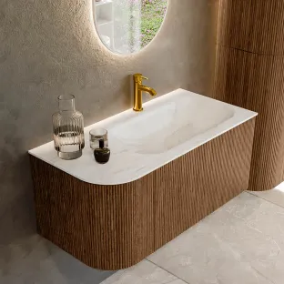 MONDIAZ Kurve-dlux 95cm badmeubel - kleur Walnut - 2 lades - BIG SMALL wastafel - wasbak Links - 1 kraangat - kleur Ostra