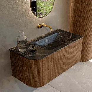 MONDIAZ Kurve-dlux 95cm badmeubel - kleur Walnut - 2 lades - BIG SMALL wastafel - wasbak Links - zonder kraangat - kleur Lava