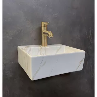 One Pack Leto - Toilet fontein - 33,5x29x11,5 cm - Carrara marmer - Met gouden hoog gebogen koudwaterkraan, sifon en plug