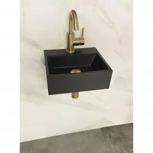 One Pack Leto - Toilet fontein - 33,5x29x11,5 cm - Quartz zwart - Met gouden hoog gebogen koudwaterkraan, sifon en plug