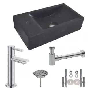 One Pack - Natuursteen toiletfontein - 40x22x10 cm - Kraangat links - Met koudwaterkraan, plug en sifon chroom