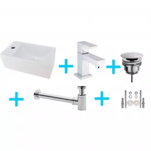 One-pack Rhea compact toilet fonteintje - Kraangat links - Met chrome vierkante wastafelkraan, plug en sifon