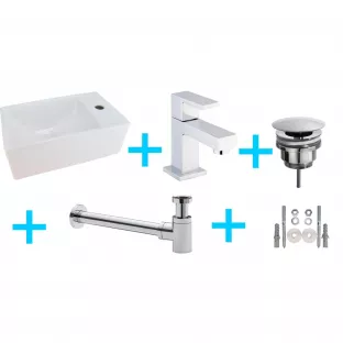 One-pack Rhea compact toilet fonteintje - Kraangat rechts - Met chrome vierkante wastafelkraan, plug en sifon