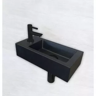 One Pack toilet fontein - Mini-Rhea - Kraangat rechts - 36x18x9 cm - Mat zwart keramiek - Met zwart koudwaterkraan, plug en sifon