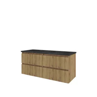 Proline Badkamermeubel - Wastafel elegant hardsteen - Urban oak/Blue stone - 120x46x54 cm - Dubbele wastafel zonder kraangat - 4 laden verticaal gefreesd