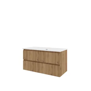 Proline Badkamermeubel - Wastafel elegant porselein - Urban oak/Glans wit - 100x46x54 cm - Enkele wastafel met 1 kraangat - 2 laden verticaal gefreesd