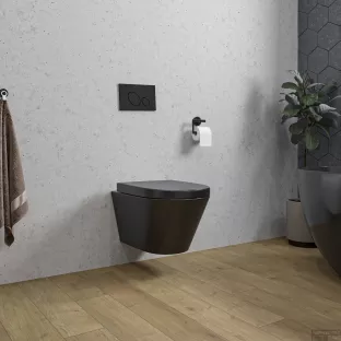 Stereo randloos hangend toilet - Met Vesta toiletzitting - Softclose en quick release - Mat zwart - 53 cm diep