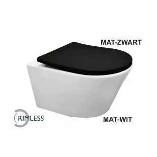 Vesta randloos hangend toilet - Mat wit - Met Shade slim toiletzitting softclose en quick release - Mat zwart - 52 cm diep